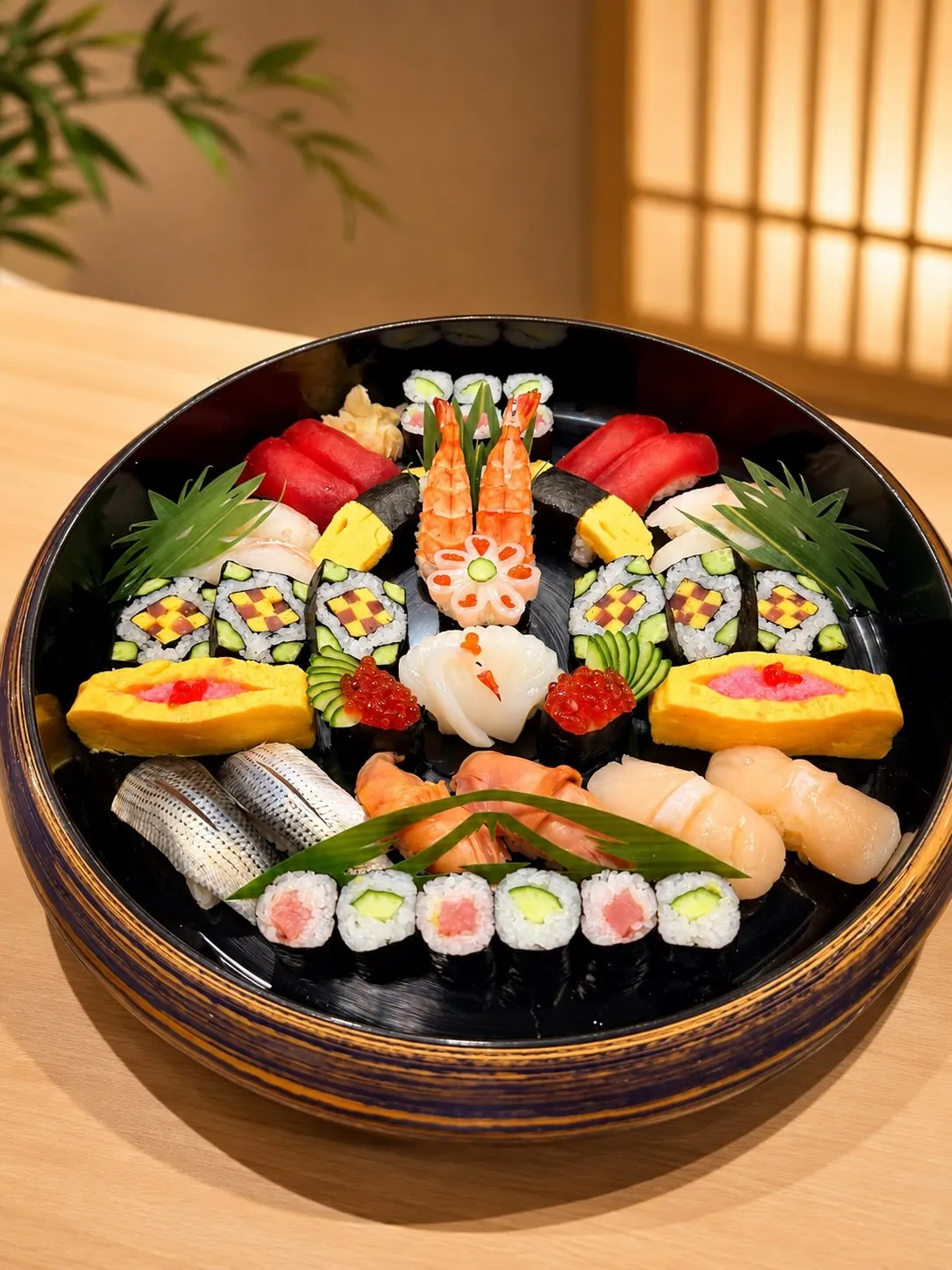 Apresentação de sushi de William Utida em Tóquio, com nigiris e makis